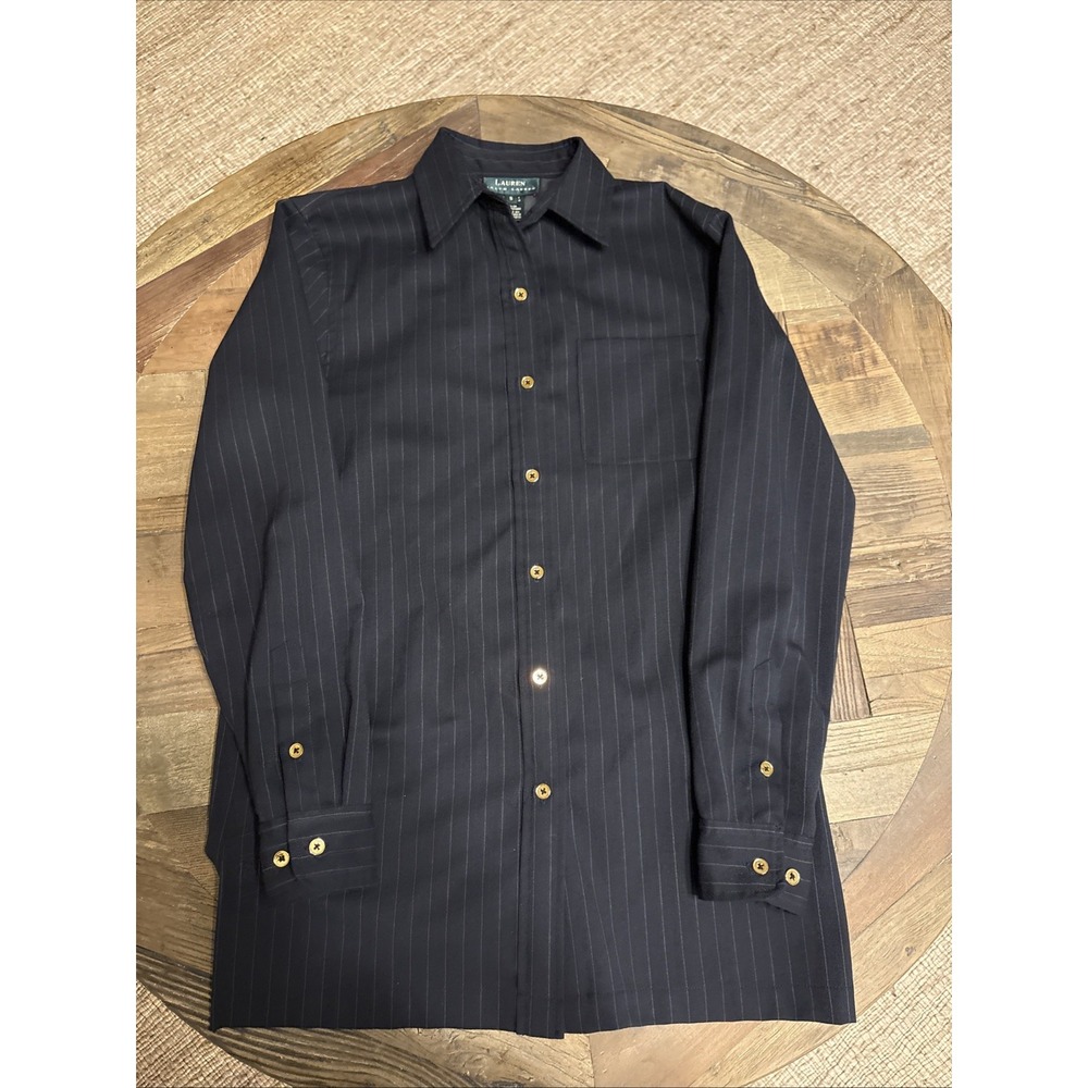 Women's Lauren oxfordshire shirt top Button jacket Black Pinstripe Size S Wool